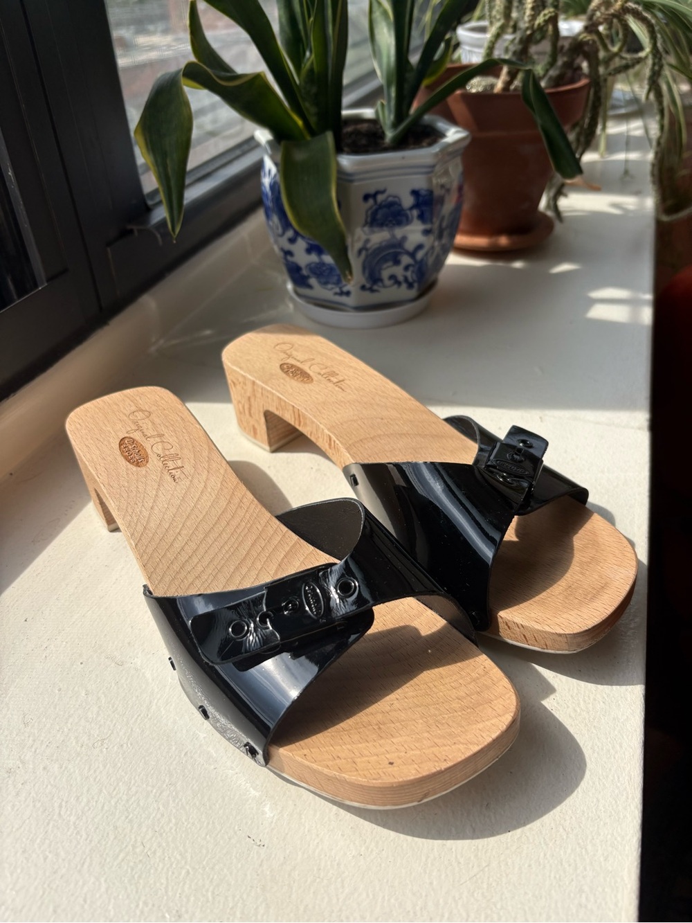 Dr. Scholl’s x Urban Outfitters Black Patent and Wooden Sandal